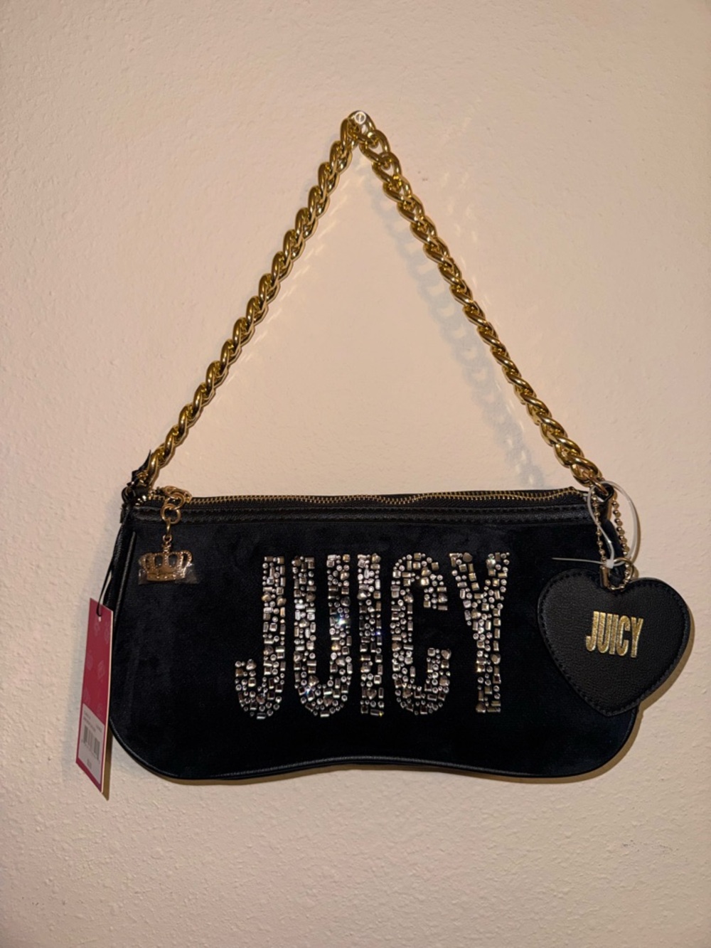 Juicy Couture Black Velvet Crystal-Logo Wristlet with Gold Chain